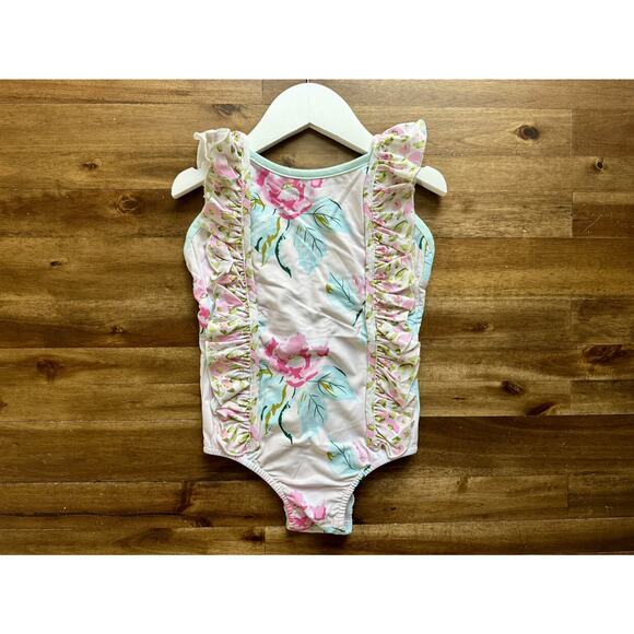 NWT SweetHoney Moxie One Piece Swimsuit Palest Pink Floral Ruffle Preppy 5 - Picture 2 of 6